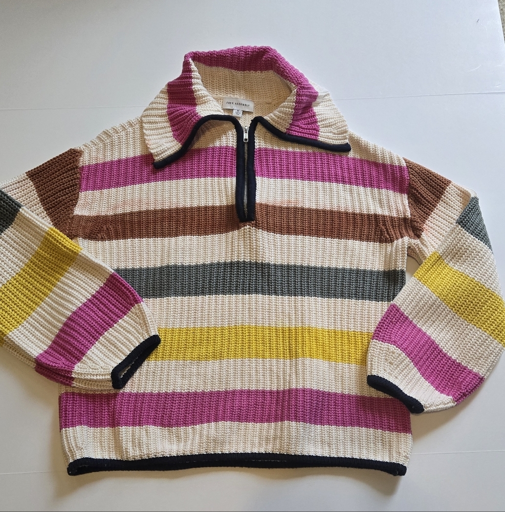 Free Assembly Women's Multicolor Striped Half-Zip Ribbed Sweater Size M – Retro - Picture 2 of 9